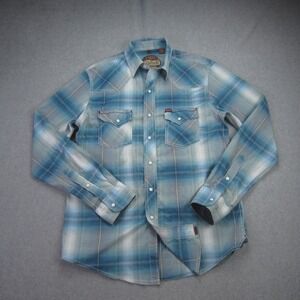 Rafter C Shirt Mens Medium Blue Plaid Ombre Western Pearl Snap‎ Red Dirt